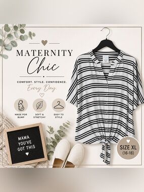 Time & Tru Maternity Black White Striped Tie Front Top Size XL (16-18)